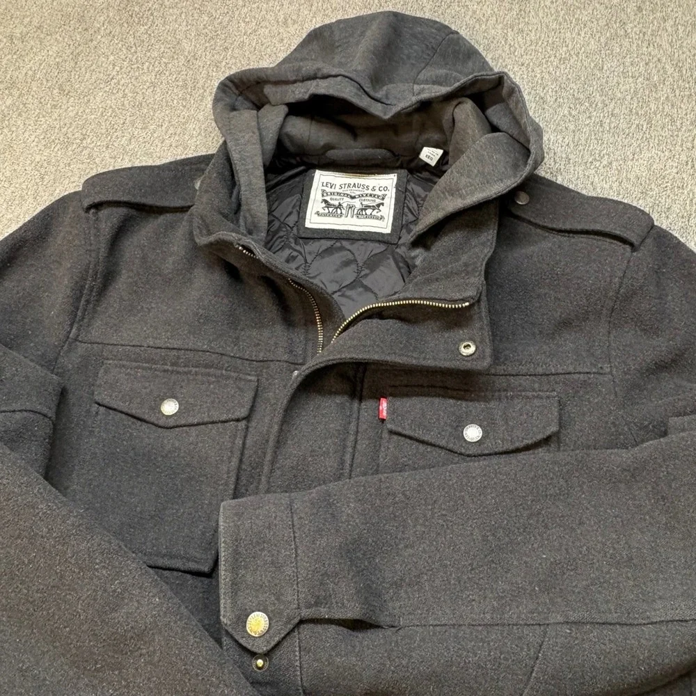 Levis Mens Wool Blend Hooded Field Jacket Charcoal Grey XXL Military Chore‎ Coat